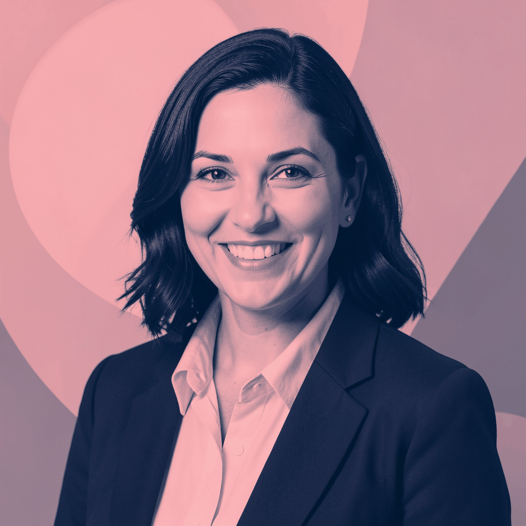 A warm duotone portrait in blush pink and deep navy tones, showing a confident professional with a friendly smile