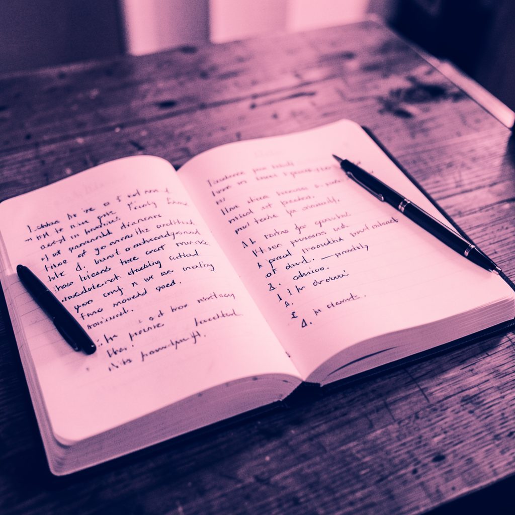 A duotone photograph in blush pink and deep navy tones, showing an open journal with handwritten notes and a pen on a wooden desk, evoking reflection, growth, and intentional planning.